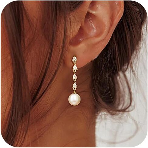 CHESKY Pearl Earrings for Women Small Freshwater Pearl Drop Dangle Earrings 14K Gold Plated Dainty Stud Earrings for Women Elegant Gold Studs Trendy Bridal Wedding Jewelry Gifts in Saudi Arabia