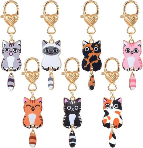 7 Pcs Cute Cat Keychains, Alloy Kawaii Keychain, Printed Funny Keychains, Cat Pendant Cut Key Chains for Car Keys, Wallets, Handbags (Heart-Shaped Buckles) in Kuwait