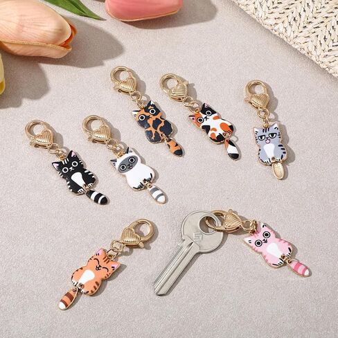 7 Pcs Cute Cat Keychains, Alloy Kawaii Keychain, Printed Funny Keychains, Cat Pendant Cut Key Chains for Car Keys, Wallets, Handbags (Heart-Shaped Buckles) in Kuwait