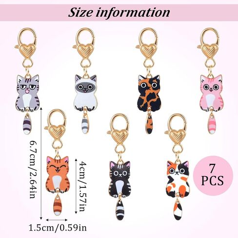 7 Pcs Cute Cat Keychains, Alloy Kawaii Keychain, Printed Funny Keychains, Cat Pendant Cut Key Chains for Car Keys, Wallets, Handbags (Heart-Shaped Buckles) in Kuwait
