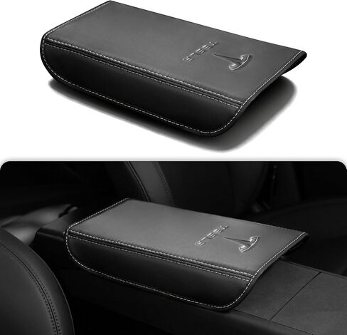 غطاء مسند ذراع لوحدة التحكم المركزية لسيارة Tesla Model Y 2025-2026 / Model 3 2024-2025، مسند ذراع واقي مسند ذراع منقوش ناعم مصنوع من الجلد غير القابل للانزلاق مع شعار، ملحقات سوداء لـ Tesla in Kuwait