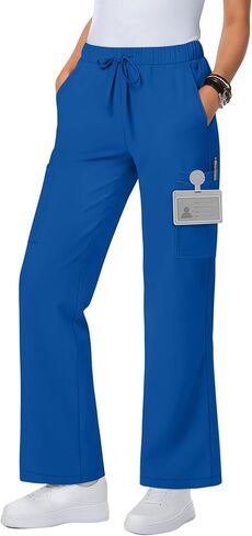Women's Scrub Pants Lightweight Wide Leg Cargo Scrub Pants with 6 Pockets Nurse Drawstring Pull on Jogger Bottoms in Kuwait