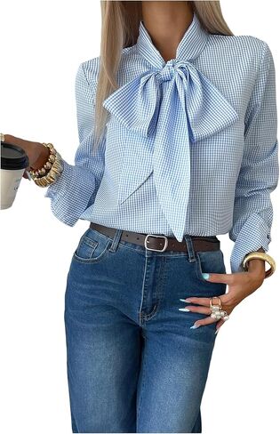 GORGLITTER Women's Gingham Button Up Shirts Bow Tie Neck Long Sleeve Blouse Tops Trendy Fall Work Office Shirt in Saudi Arabia