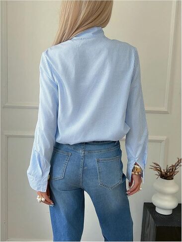 GORGLITTER Women's Gingham Button Up Shirts Bow Tie Neck Long Sleeve Blouse Tops Trendy Fall Work Office Shirt in Saudi Arabia