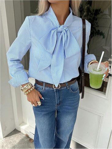 GORGLITTER Women's Gingham Button Up Shirts Bow Tie Neck Long Sleeve Blouse Tops Trendy Fall Work Office Shirt in Saudi Arabia