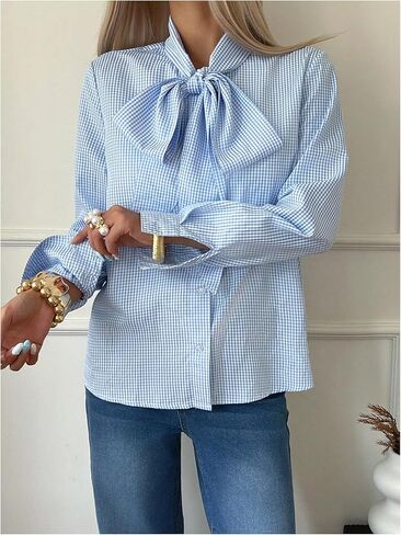 GORGLITTER Women's Gingham Button Up Shirts Bow Tie Neck Long Sleeve Blouse Tops Trendy Fall Work Office Shirt in Saudi Arabia