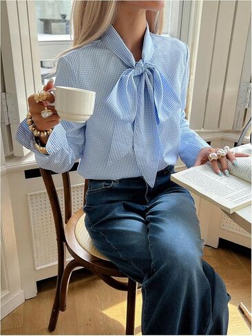 GORGLITTER Women's Gingham Button Up Shirts Bow Tie Neck Long Sleeve Blouse Tops Trendy Fall Work Office Shirt in Saudi Arabia