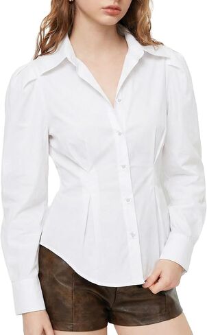 SUNNOW Women's Pleated Cinched Waist Shirt Puff Sleeve Button Down Blouse with Collar for Casual & Office Wear in Saudi Arabia