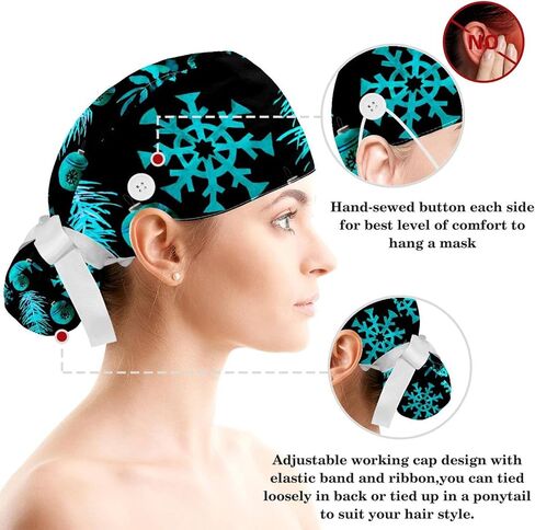 Honexa Christmas Snowflake Winter Scrub Caps Surgical Women with Button Adjustable Hats Scrunchie for Multicoloured6 in Saudi Arabia