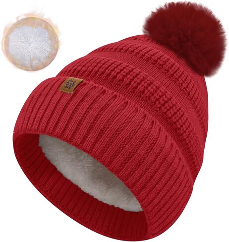 Winter Beanie Hats for Women with Faux Fur Pom Warm Cozy Knit Fleece Thermal Snow Ski Skull Cap for Cold Weather in Kuwait