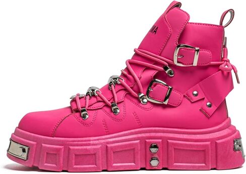 Men's Gothic Leather Motorcycle Chunky Platform Boots Lace Up Round Toe High Top Metal Buckle Non-Slip Lightweight Punk Fashion Sneakers for Streetwear Night Out Party Riding Daily Comfort in Saudi Arabia