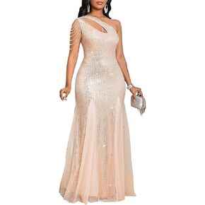 Cololura Women One Shoulder Sequin Formal Dress with Tulle Hem - Elegant Cutout Mesh Mermaid Flare Party Evening Gown in Saudi Arabia