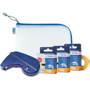 HERMA Double Sided Adhesive Squares Runner Set: 1 Refillable Dispenser, 3 Permanent Mounting Rolls (49ft Each) & 1 Blue Zipper Pouch (10x8in) - Strong Bond for Photos & Crafts in Kuwait