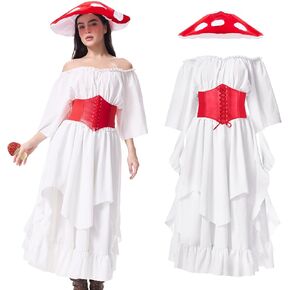 Renaissance Mushroom Costume Women Medieval Victorian Dress With Toadstool Hat Halloween Nature Woodland Fairy Outfit in Saudi Arabia