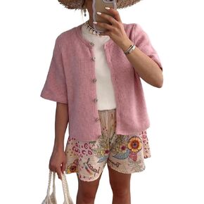 yoeasy Women's Lightweight Button Up Casual Cardigan Short Sleeve Ribbed Knit Cropped Sweater Knitwear Outwear in Saudi Arabia