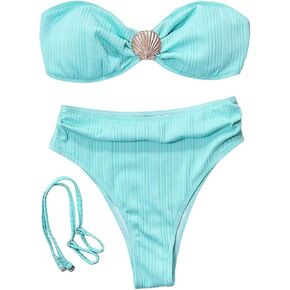 Floerns Women's 2 Piece Bikini Set Strapless Shell Bandeau Swimsuit High Waisted Bathing Suit in Kuwait