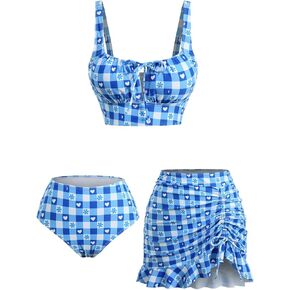 DRESSFO Womens Retro Bikini Sets 3 Piece Vintage Plaid Flower Heart Printed High Waisted Tankini Swimsuits Bathing Suit in Kuwait