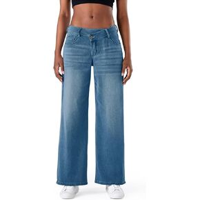 Fanica Women's Low Rise Wide Leg Jeans, Crossover Waist Stretchy Relaxed Fit Denim Pants in Saudi Arabia