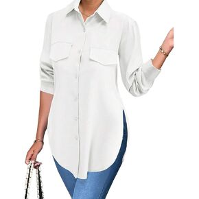 Women's Casual Decorative Pocket Side Slit Long Sleeved Shirt in Kuwait