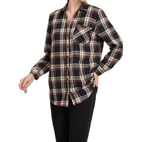 قميص نسائي من KYAL منقوش بأزرار سفلية وأكمام طويلة وفضفاضة من الفلانيل مع جيوب أمامية، ملابس مكتب كاجوال للربيع والخريف in Kuwait