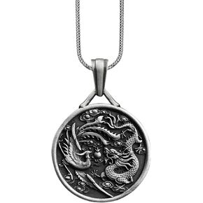 باي سيلفر ستون - قلادة التنين الصيني باللون الفضي، مجوهرات قلادة منحوتة مستوحاة من الثقافة الآسيوية للرجال in Kuwait