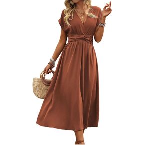 Floerns Women's Wrap V Neck Flowy Midi Dresses Short Sleeve A Line Ruched Beach Dress in Kuwait
