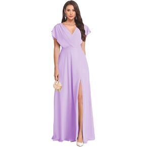 V Neck Bridesmaid Dresses Flutter Sleeves Backless Maid of Honor Dress Chiffon Long Evening Party Gowns in Kuwait