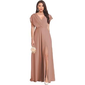 V Neck Bridesmaid Dresses Flutter Sleeves Backless Maid of Honor Dress Chiffon Long Evening Party Gowns in Saudi Arabia