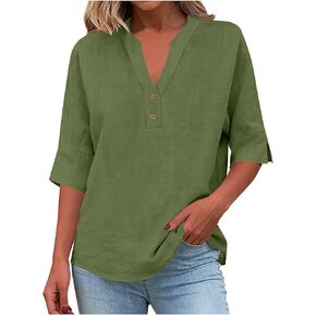 Womens Cotton Linen Elbow Length Sleeve Tops Dressy Casual Notch V Neck Button Up Work Tunic Blouses for Office Ladies in Saudi Arabia