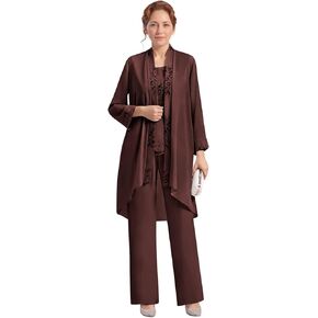 Women’s Chiffon Mother of The Bride Pant Suits 3 Pieces Lace Appliques Long Sleeve Dressy Formal Outfit with Jacket in Kuwait