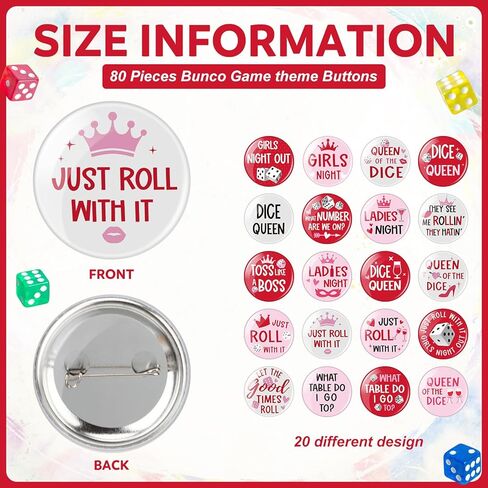 80 Pcs Bunco Game Night Pin Buttons Printing in Various Styles Classic Bunco Game Theme Design Round Metal Badge for Backpacks Jackets Bag Party Favors Decorations in Saudi Arabia