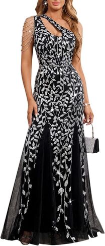 Cololura Women One Shoulder Sequin Formal Dress with Tulle Hem - Elegant Cutout Mesh Mermaid Flare Party Evening Gown in Kuwait