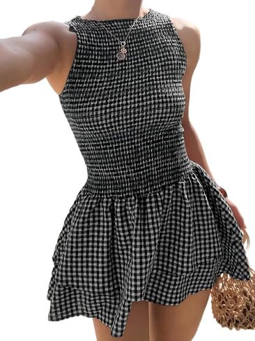 Summer Dress Women Plaid Dresses for Women Boat Neck Sleeveless Gingham Vintage A Line Mini Dress for Casual Holiday in Saudi Arabia
