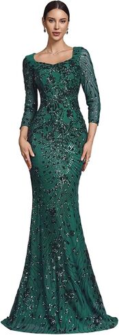 فستان رسمي طويل بأكمام 3/4 وتطريز بالترتر، فستان سهرة حورية البحر لحفلات الكوكتيل والحفلات الراقصة وأعياد الميلاد in Kuwait