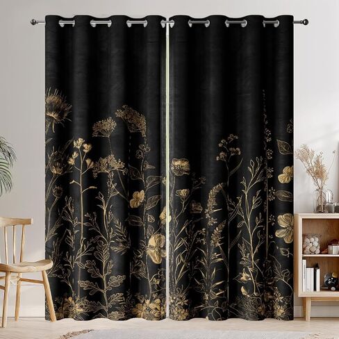 Black and Gold Blackout Curtains, Boho Vintage Floral Curtains, Dark Aesthetic Wildflower Botanical Flowers Grommet Drapes 2 Panels, Farmhouse Bedroom Living Room Decor 52X84 Inch in Saudi Arabia
