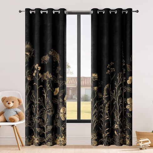 Black and Gold Blackout Curtains, Boho Vintage Floral Curtains, Dark Aesthetic Wildflower Botanical Flowers Grommet Drapes 2 Panels, Farmhouse Bedroom Living Room Decor 52X84 Inch in Saudi Arabia