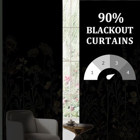 Black and Gold Blackout Curtains, Boho Vintage Floral Curtains, Dark Aesthetic Wildflower Botanical Flowers Grommet Drapes 2 Panels, Farmhouse Bedroom Living Room Decor 52X84 Inch in Saudi Arabia