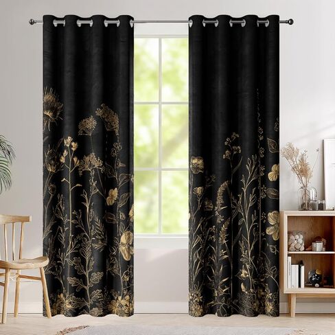 Black and Gold Blackout Curtains, Boho Vintage Floral Curtains, Dark Aesthetic Wildflower Botanical Flowers Grommet Drapes 2 Panels, Farmhouse Bedroom Living Room Decor 52X84 Inch in Saudi Arabia