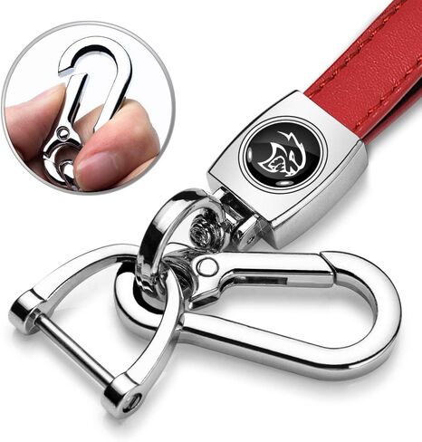 iPick Image for Dodge SRT Hellcat Logo in Black on Genuine Red Leather Loop-Strap Chrome Hook Metal Key Chain - Official Licensed in Saudi Arabia
