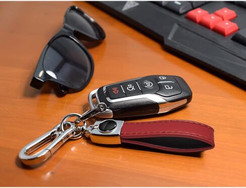 iPick Image for Dodge SRT Hellcat Logo in Black on Genuine Red Leather Loop-Strap Chrome Hook Metal Key Chain - Official Licensed in Saudi Arabia