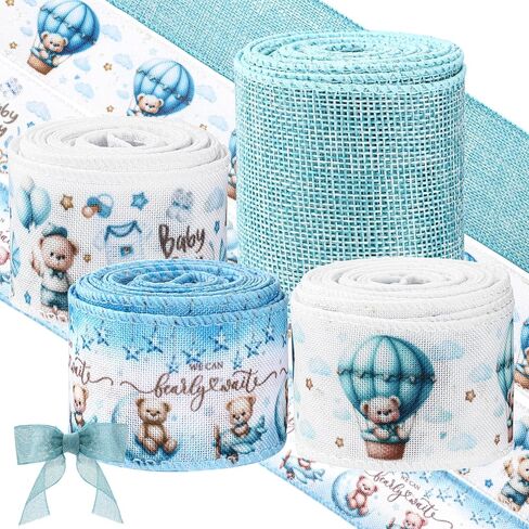 Ysleen 4 Rolls of 20 Yards Bear Baby Shower Ribbon 1.5 Inch Wide We Can Bearly Wait Wired Baby Shower Ribbon Bear Balloon Star Ribbon for DIY Craft Bear Theme Birthday Party Decor in Kuwait