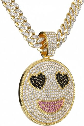 Smiling Face Hip-hop Cuban Chain, Rhinestone Pendant Necklace Jewelry For Men，Men's Fashion Jewelry Silver golden in Kuwait