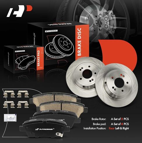 A-Premium 12.36 inch (314mm) Rear Solid Disc Brake Rotors + Ceramic Pads Kit Compatible with Select Hyundai and Kia Models - Genesis 2010-2016, K900 2017, 6-PC Set in Saudi Arabia