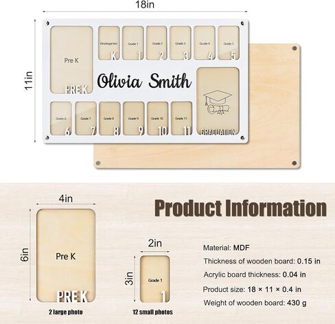 School Picture Frame Pre-K to 12, Personalized School Years Photo Frame K-12, Custom Wooden Grade Graduation Photo Name Frame in Saudi Arabia