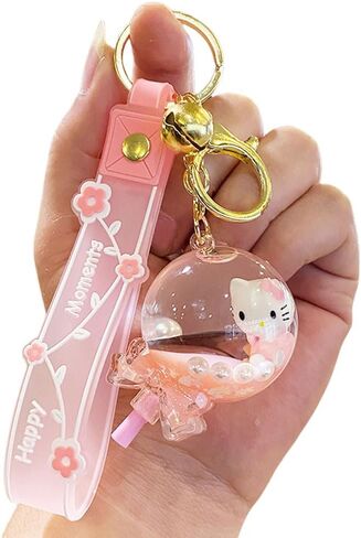HSYHERE Cute Flower Pink Good Luck Kitty Lucky Cat Keychain Bubble Milk Tea Keyring Moving Sand Key Chain Ring Bag Pendant in Saudi Arabia