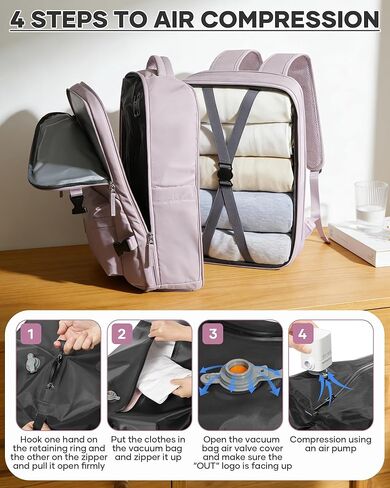 حقيبة ظهر بختم فراغ للسفر مع مضخة هواء مضغوطة، حقيبة Vacpack الشخصية لحملها على متن الطائرة، حقيبة نهارية معتمدة للكمبيوتر المحمول، تخزين حقائب الكمبيوتر المحمول مع نظام فراغ، حقيبة سفر للنساء والرجال، وردي اللوتس in Kuwait