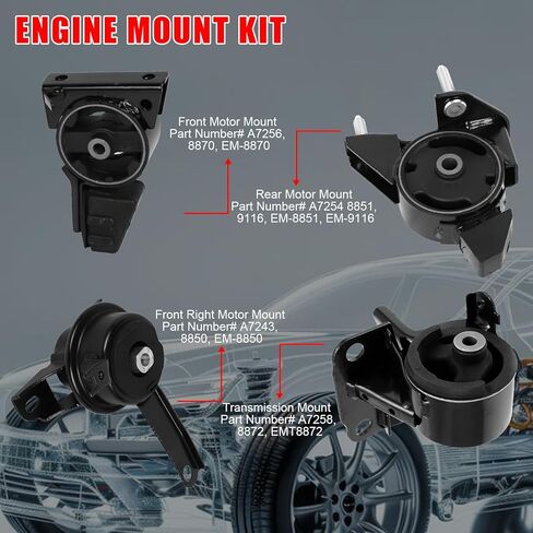 4 Pcs Engine Motor Mount and Transmission Mount Set Compatible with 1998 1999 2000 2001 2002 for Toyota Corolla 1.8L # A7256 A7258 A7254 A7243 in Kuwait