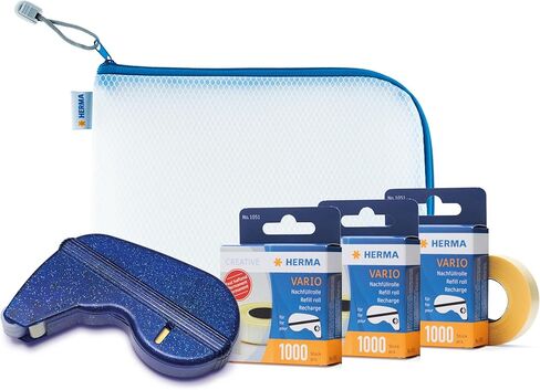 HERMA Double Sided Adhesive Squares Runner Set: 1 Refillable Dispenser, 3 Permanent Mounting Rolls (49ft Each) & 1 Blue Zipper Pouch (10x8in) - Strong Bond for Photos & Crafts in Kuwait