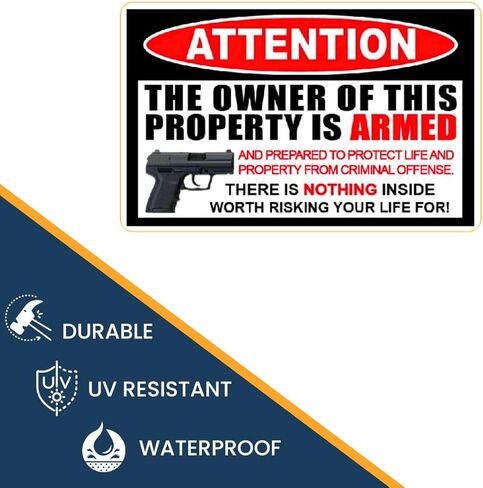 Gun Sign, The Owner Of This Property Is Armed Sign Sticker, 5.9x3.7 Inches, in Saudi Arabia