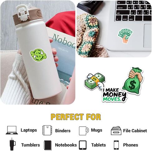 12 Pcs Money Stickers, Cash Dollar Sign Vinyl Decals, Funny Rich Life Quotes and Financial Freedom Designs, Waterproof Stickers for Laptop, Water Bottle, Notebook, Gift for Entrepreneurs in Saudi Arabia